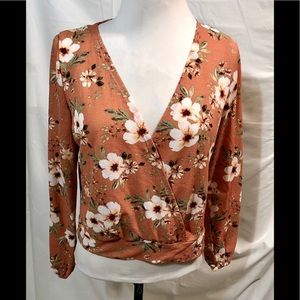 Love+Joy Tan & Floral Long Sleeve V-Neck Wrap Top